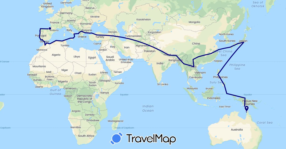 TravelMap itinerary: driving in Albania, Bhutan, China, Algeria, Spain, France, Gibraltar, Greece, Indonesia, Italy, Japan, Laos, Morocco, Macedonia, Myanmar (Burma), Nepal, Philippines, Portugal, Turkey (Africa, Asia, Europe)